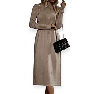 Sweater Dress Midi Womens 12 Mock Neck Winter Warm Party Holiday Wedding Beige
